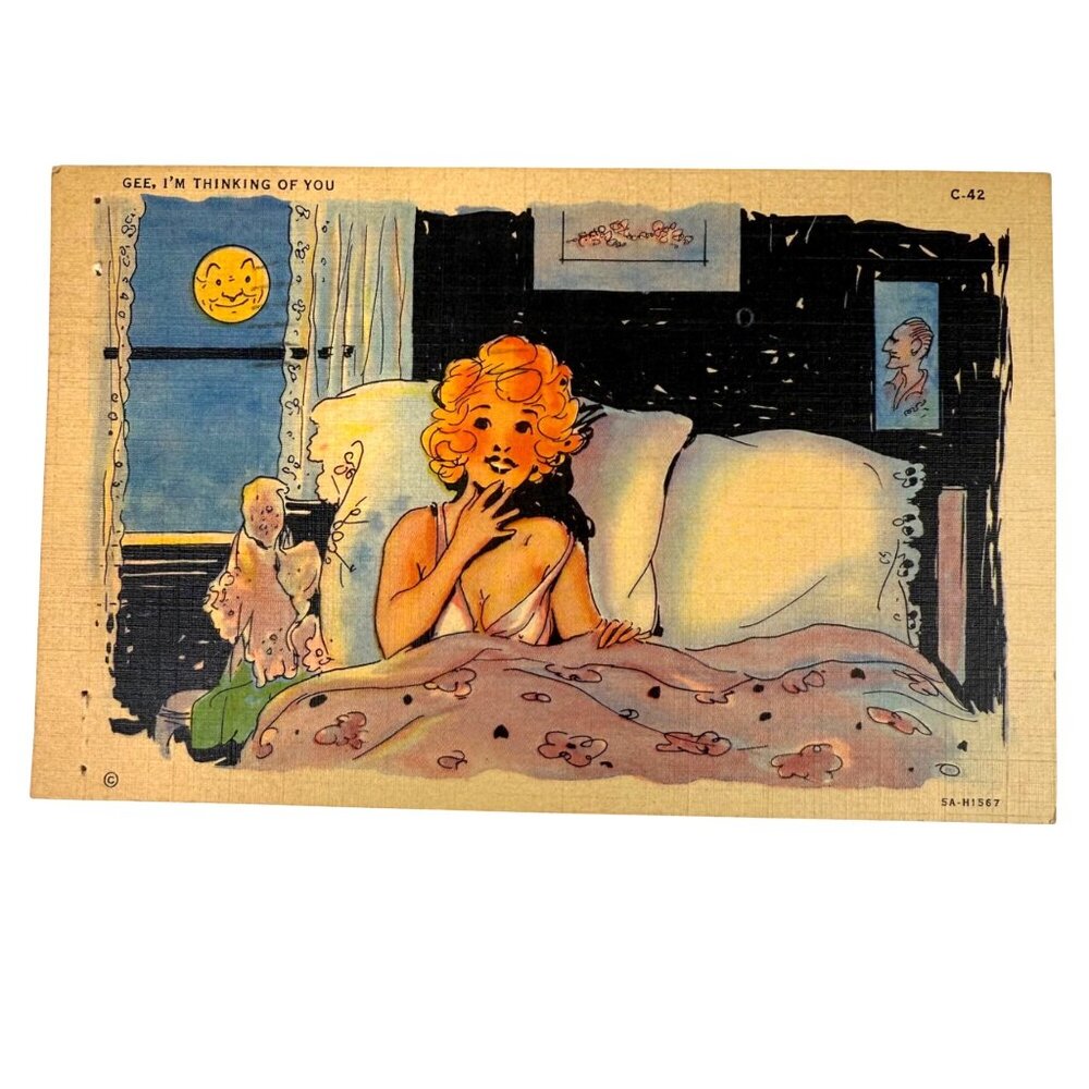 VTG 1940s Curteich Linen Postcard Gee I’m Thinking Of‎ You Woman In Bed Postmark